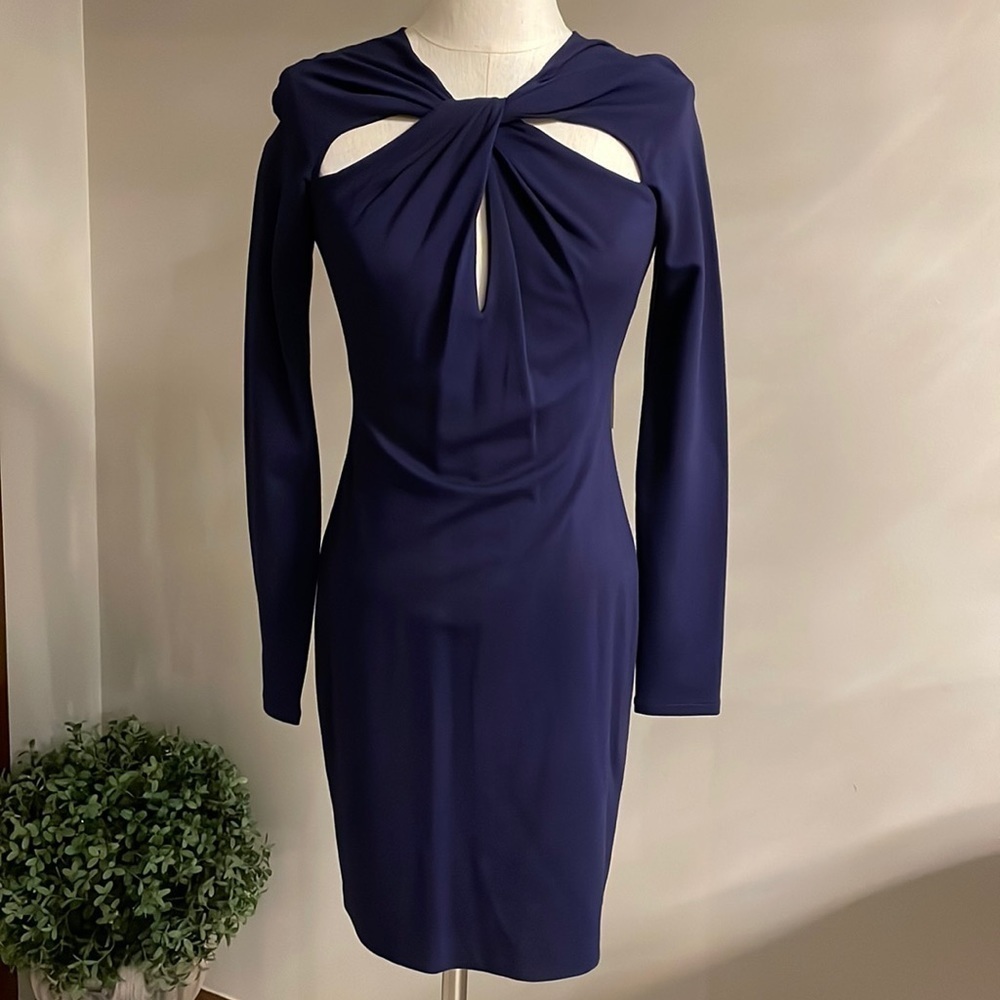 NWT HALSTON HERITAGE cut out knot neck stretch sheath dress long sleeve navy 4